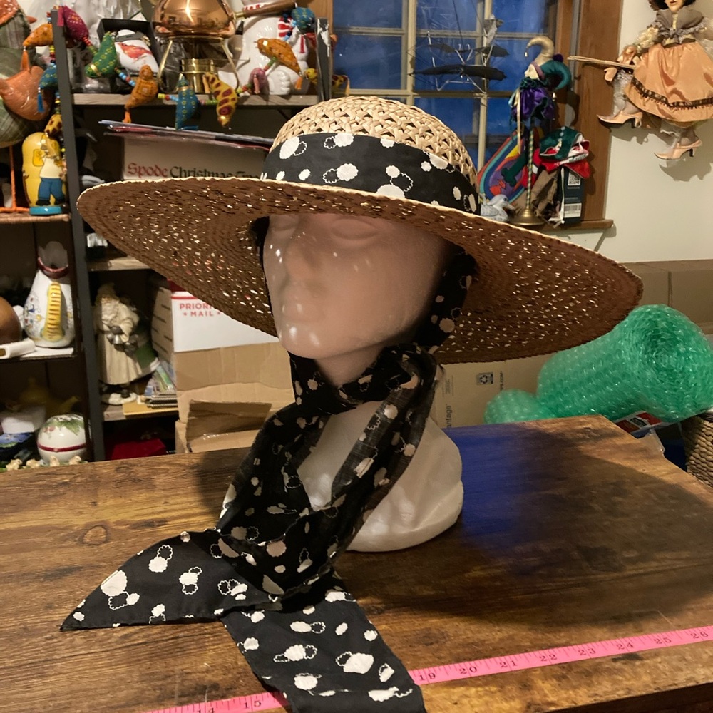 Atlas straw hat with black and white polka dot band and sash